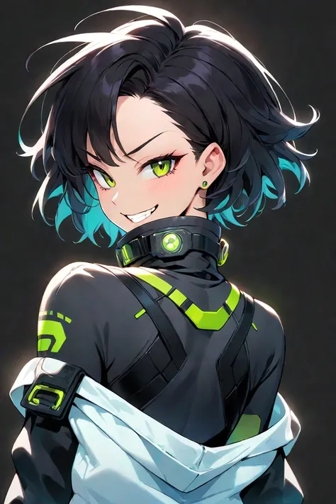 Woman with short fluffy hair,  head tilted back ,  smiles, tooth,   the back of the head  ,  mouth, Smug eyes, Cool illustrations,  tech wear outfit,  face with collar