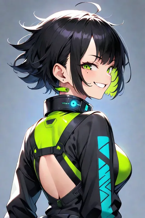 Woman with short fluffy hair,  head tilted back ,  smiles, tooth,   the back of the head  ,  mouth, Smug eyes, Cool illustrations,  tech wear outfit,  face with collar