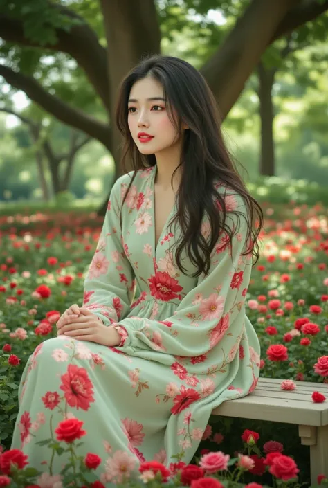   A beautiful young Korean woman with long hair Slightly smiling thin .  dress dress of soft green color with a large red pink flower pattern sitting on a bench of long puutih chairs under a very large tree, there are red roses under the tree . Realistick ...