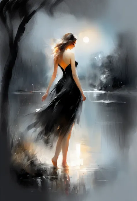 Willem Haenraets style full body youngster stands on the shore of the lake in his direction goes beautiful female nymph,  dressed in a beautiful black dress  . drawing  .night moonlight  .