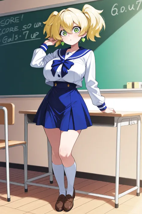  1 woman　classroom　Schoolgirl　 gals　 blonde　 Twin Tails　 short hair　Earrings　Very large eyes　Green Eyes　Big Breasts　 Slim waist　 sailor suit　 dark blue skirts 　Skirt length_Knee　 white knee socks　 brown loafers