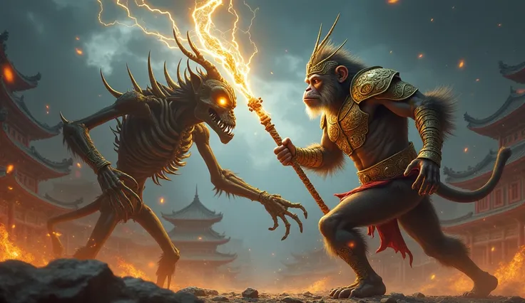 A mythical warrior monkey king with glowing eyes, wearing an intricately designed golden armor, wielding a powerful magical staff crackling with lightning. The warrior is in an intense battle stance against a skeletal demon with sharp claws and an eerie gl...