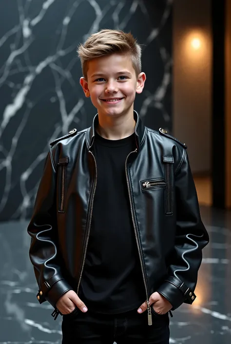 A confident Swiss realistic young boy, around , stands at the heart of a high-end professional studio, surrounded by cinematic cameras and dramatic lighting. Behind him, a large professional backdrop (telón) adds depth to the scene, enhancing the sophistic...