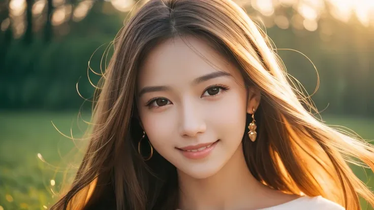 A serene and beautiful woman with a gentle smile, centered portrait, facing slightly to the right, soft ethereal lighting, spiritual aura, glowing skin, long flowing hair, 16:9 aspect ratio, peaceful expression, high quality, photorealistic, soft focus bac...