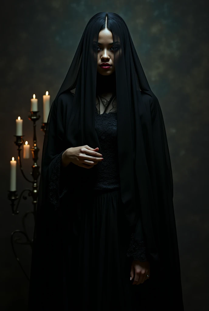  a black woman ,  with a black veil over the face and a black dress with a high collar, air of mystery and dark background with candlestick and a candle 