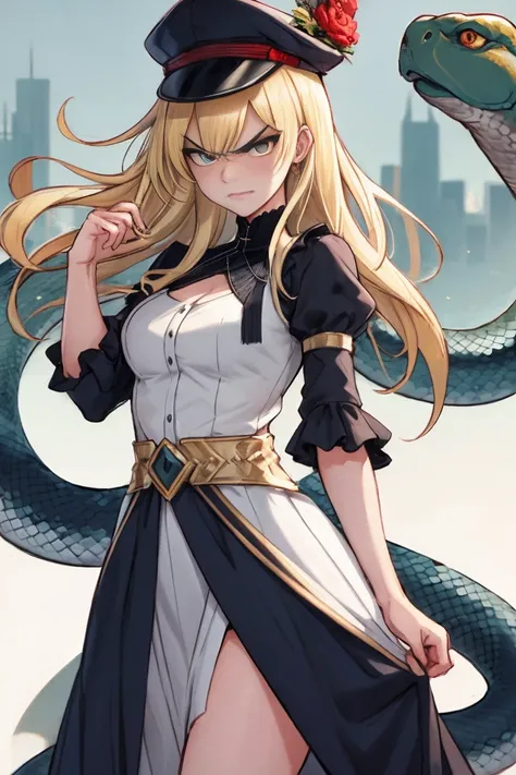  beautiful woman , dress 、snake、hat、 blonde、 angry face、