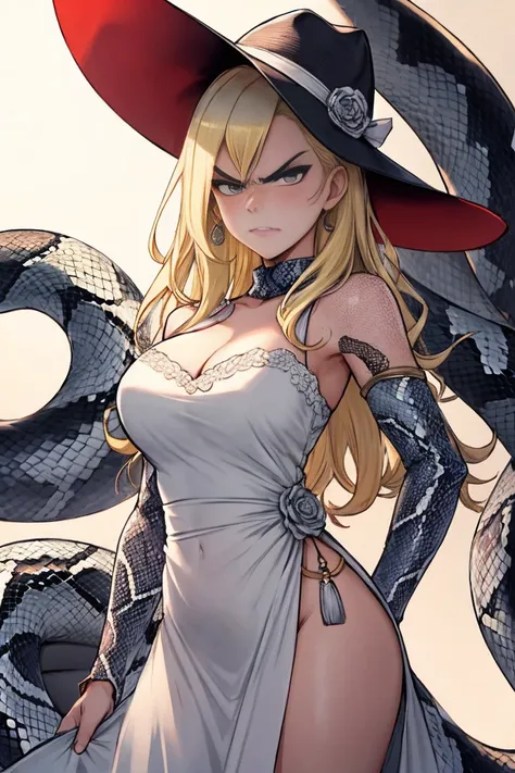  beautiful woman , dress 、snake、hat、 blonde、 angry face、