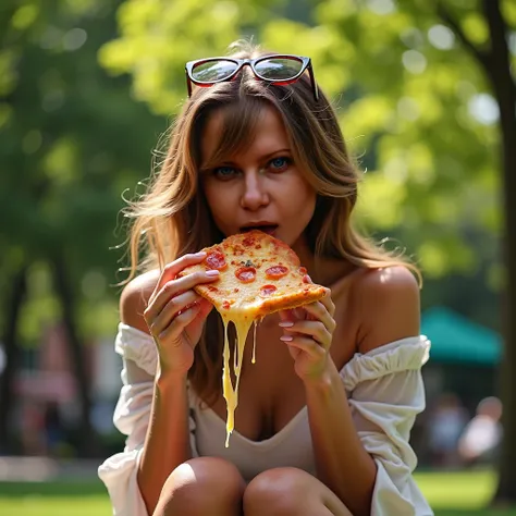  sexy beautiful girl in a summer park in Moscow eats pizza with flowing cheese (Kodak style, unblurred background ,  cool expensive sneakers and slender legs on her feet )