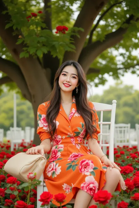   A beautiful young Korean woman with long hair Slightly smiling thin .  dress midi dress collared orange ber large red pink flowers , carrying a bag 
luxurious cream colored .   sitting on a bench of long white chairs under a very large tree , there are r...