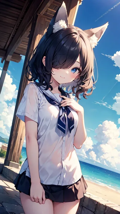  Black Haired Short Hair 、hair over one eye、summer、sea、Ruins、 curly hair 、  low angle、Cumulonimbus、 slender、  cute pose、smile、  Cool Personality、  boyish、July、  blouse、  miniskirt、 Fox Ears、fox tail、 high school girl、   her penis hits her butt  、masterpiec...