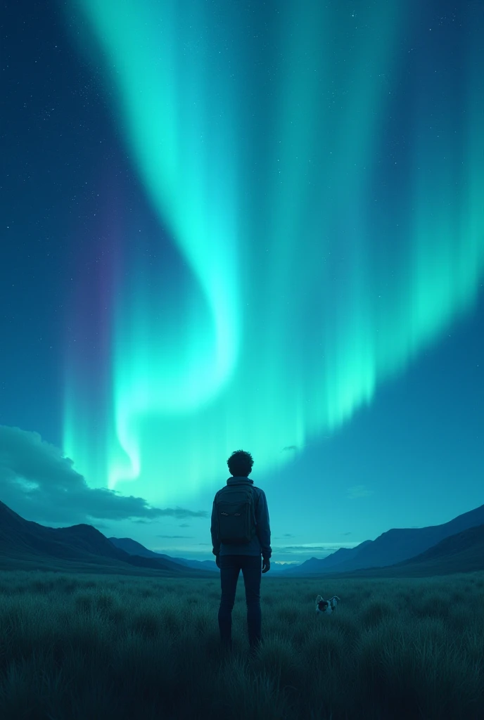 A  watching the Aurora Borealis in a beautiful field 