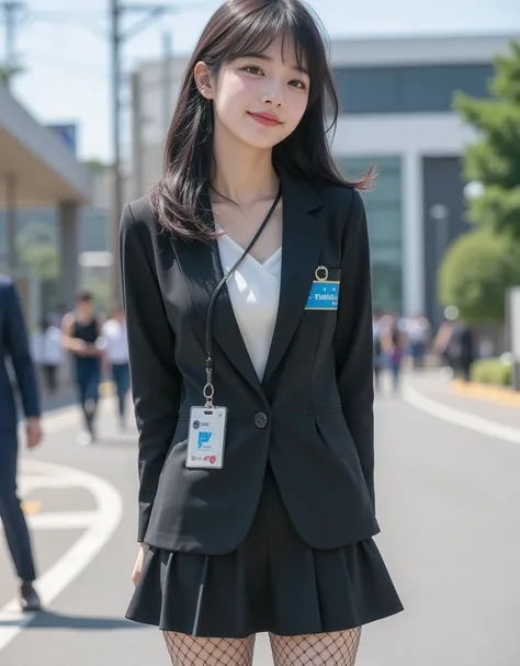 ( A super cute, busty Korean female announcer turns around here when she's doing coverage at the scene:1.2)(Grinning,smile:1.1)(Beautiful Sweat:1.1)(16k,  RAW photos ,  top quality, masterpiece: 1.2),( cute ponytail with glossy black hair )  Super Detail, ...