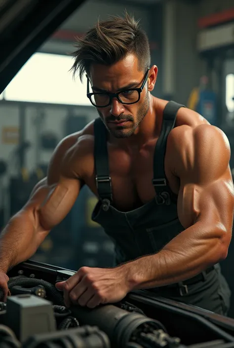 Sexy mechanic looking like Belmont Cameli wearing eyeglasses while repairing a car