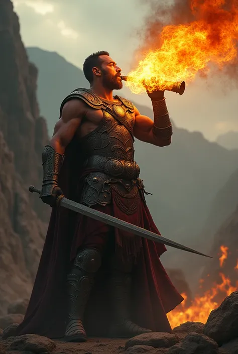 I want an image of warrior blowing a shofar with fire  coming out at the end of the shofar 