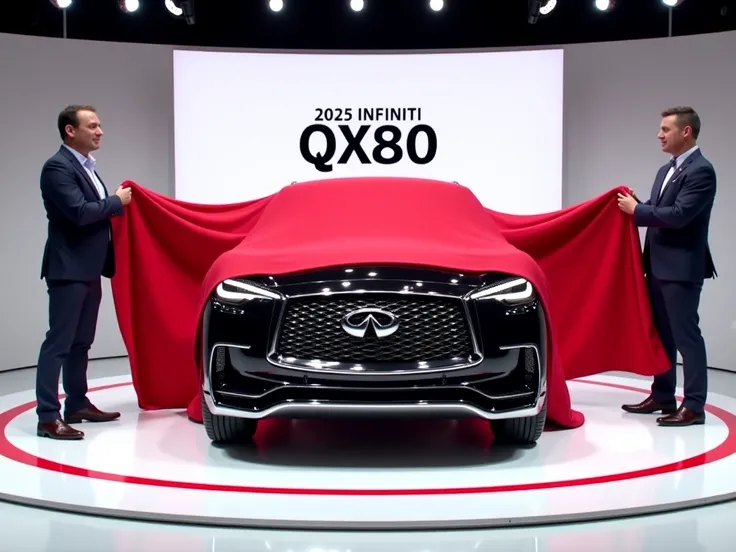 Front view of the "2025 Infiniti Qx80" concept car being unveiled by one man and woman,  one on each side, holding a red cloth draped around the car.car black color The setting is a modern, well-lit showroom with a white and black color scheme. A large sig...