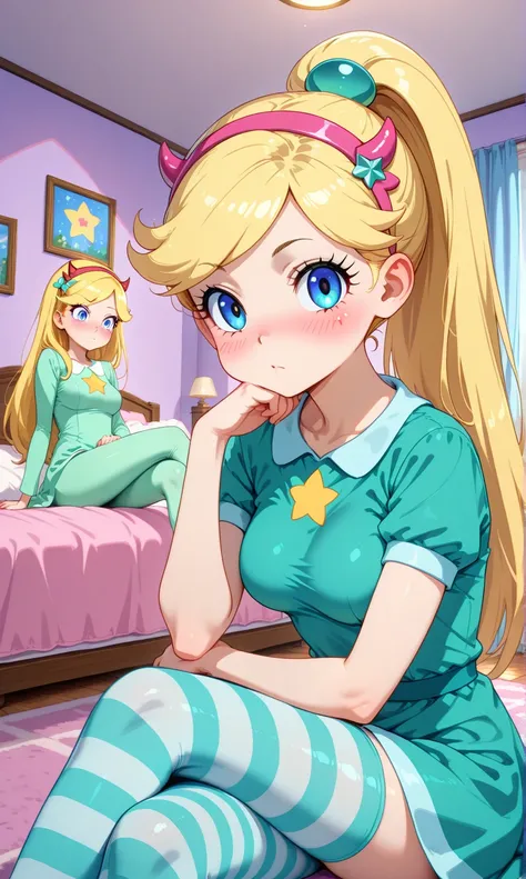 From the maximum quality , ultra Detailed , a girl,Star Butterfly, blond hair, Long hair,ponytail hair, blue eyes,tight and short green dress, medium breasts, striped tights, ,blush, lascivious look , In her room,bedroom, sitting, crossed legs,resting his ...