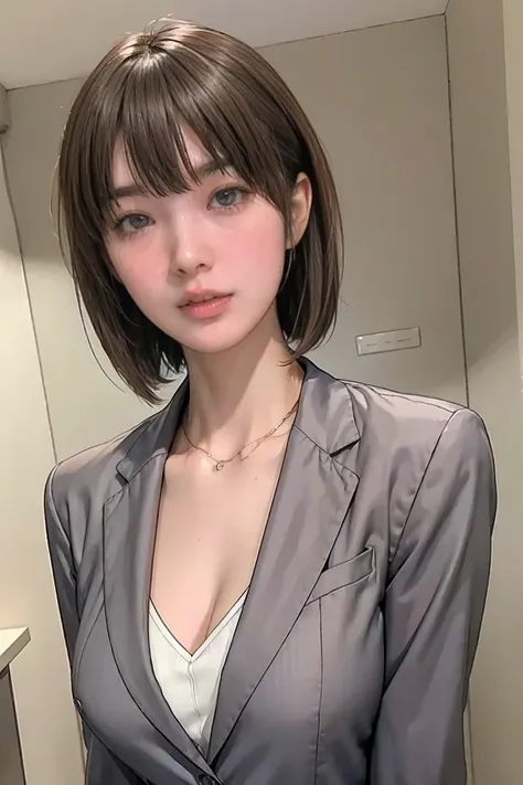 8k,  RAW photos in the loop,  top quality, masterpiece,  is present,  photorealistic, ( 1 ultimate beauty), One office lady、21 years old,  Highly Detailed Face , (Perfect Teeth),  detailed eyes , double eyelids,  eyelashes,  grin ,  lips, Brown Bob,  sligh...