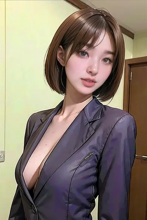 8k,  RAW photos in the loop,  top quality, masterpiece,  is present,  photorealistic, ( 1 ultimate beauty), One office lady、21 years old,  Highly Detailed Face , (Perfect Teeth),  detailed eyes , double eyelids,  eyelashes,  grin ,  lips, Brown Bob,  sligh...