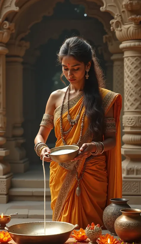 "Create a realistic and detailed image of a graceful young woman pouring milk during a traditional Hindu ritual in an ancient temple setting. The woman, dressed in an elegant saree with intricate designs and adorned with traditional jewelry, is shown holdi...