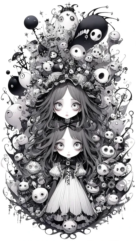  Tim Burton's style、 has a lot of white space, 