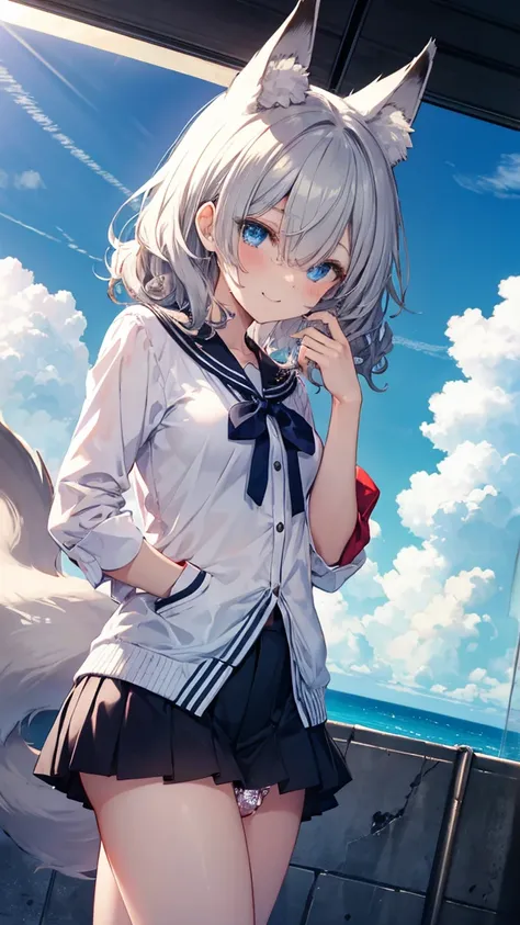  Gray Hair、 dark illuminated 、hair over one eye、summer、sea、Ruins、 curly hair 、  low angle、Cumulonimbus、 slender、  cute pose、smile、  Cool Personality、  boyish、July、  blouse、  miniskirt、 Fox Ears、fox tail、 high school girl、   her penis hits her butt  、master...