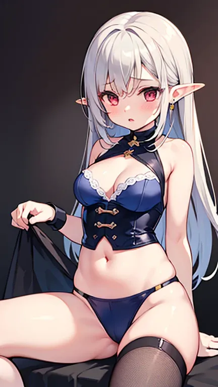  one girl

short height 　 Magician　Pharmacist　 Barbell Alchemist　 long hair　 Silver Hair　 red eyes　Confident々　 elf ears　1 gold earring 　 black tights　 short　Breasts, baby face 　 open shoulders 　 big eyed 　 fluffy hair
maids　Tight fit　 corset　Perforated clo...