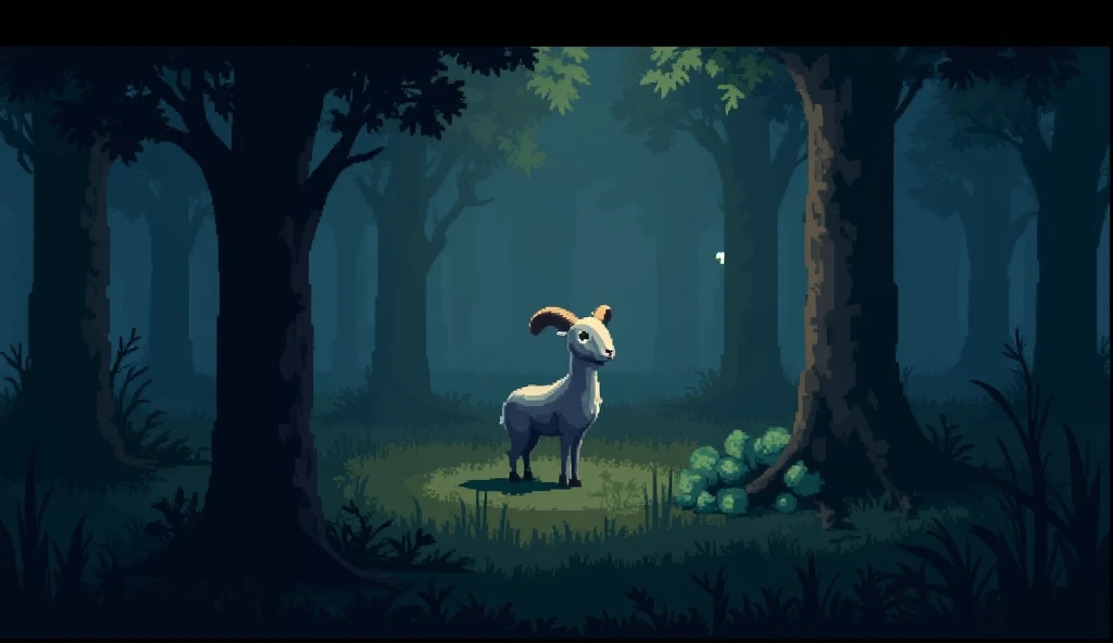 In a 3D Pixel-style forest background, the camera angle shifts to reveal ominous shadows moving through the trees. The sounds of distant footsteps in the grass and leaves crunching can be heard. The atmosphere darkens as a hint of danger looms with the sub...