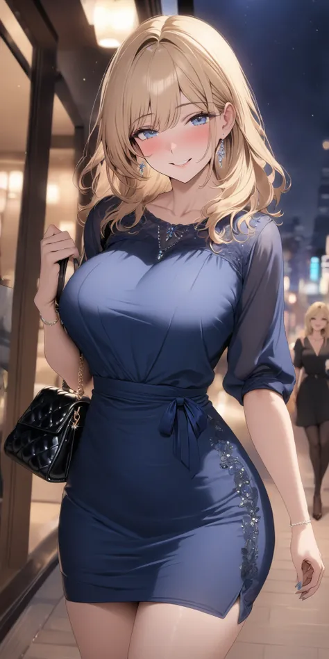 top quality, masterpiece,  high resolution, 8k, 1 girl, Alone, (((cowboy shot))), milf, Busty MILF,  gentle blue droopy eyes,  blonde semi-long,  handbag , sexy casual dress, Shake hands happily, Married Woman Smiling at Night