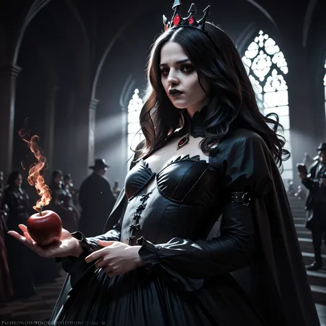 A beautiful young woman with long black hair wears a queen's costume that emits a mysterious gradient light due to magical powers, magical glowing dress, an outfit with intricate accessories that create an eerie atmosphere with the light emitted from the c...