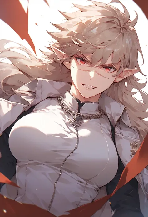 1girl, beautiful, tomboy, badass, light brown hair, messy hair, long hair, bangs cover face, red eyes, elf ears, white skin, muscular body, scar on her body, big breasts, white outfit, aesthetic