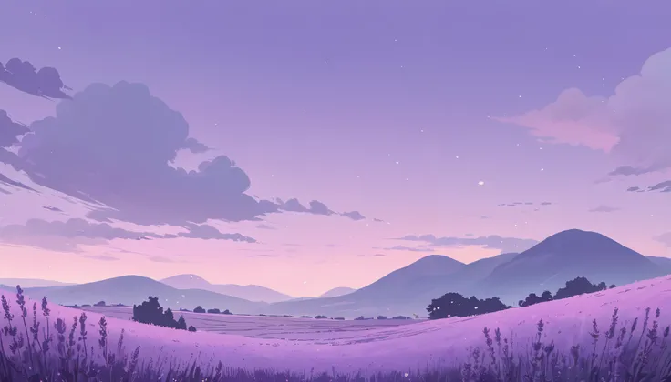 LAVENDER landscape , Pastel Purple Colors ,,Ghibli style ,Lofi ,cute ,Cozy , Landscape Wide Field Ultrawide Purple tone