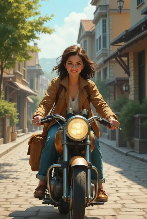 Drawing the girl delivering newspapers on the old motorcycle in the old neighborhood