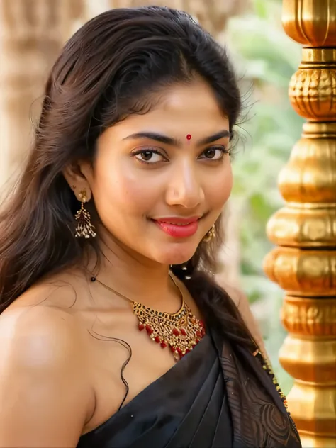 ultrarealistic hires close up photo of a Year-old sai pallavi woman, hotelroom, realistic skin texture, looking looking at camera,open blouses black saree ), full hot