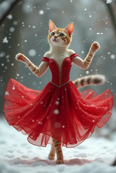 Beautiful cat dance in snow fall red dress 