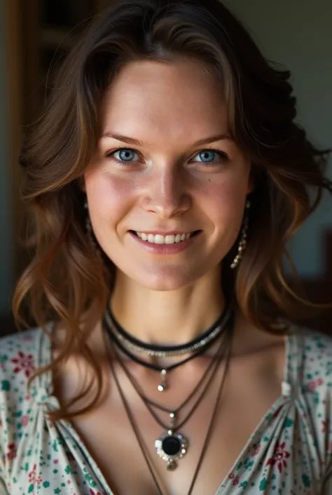  Arafed woman with a necklace and a necklace on her neck, portrait photo, Photo of a woman,  wearing several pendants , woman with porcelain skin, I had a photo, Portrait of a 32-year-old woman, Malika Favre, 50mm portrait, Close-up of full face , Magdalen...