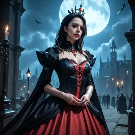 A beautiful young woman with long black hair wears a queen's costume that emits a mysterious gradient light due to magical powers, magical glowing dress, an outfit with intricate accessories that create an eerie atmosphere with the light emitted from the c...