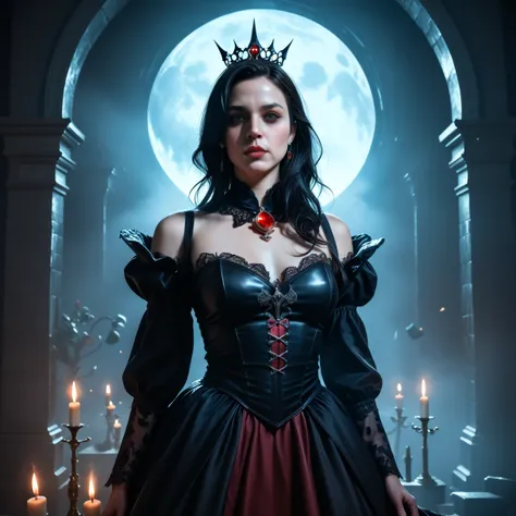 A beautiful young woman with long black hair wears a queen's costume that emits a mysterious gradient light due to magical powers, magical glowing dress, an outfit with intricate accessories that create an eerie atmosphere with the light emitted from the c...