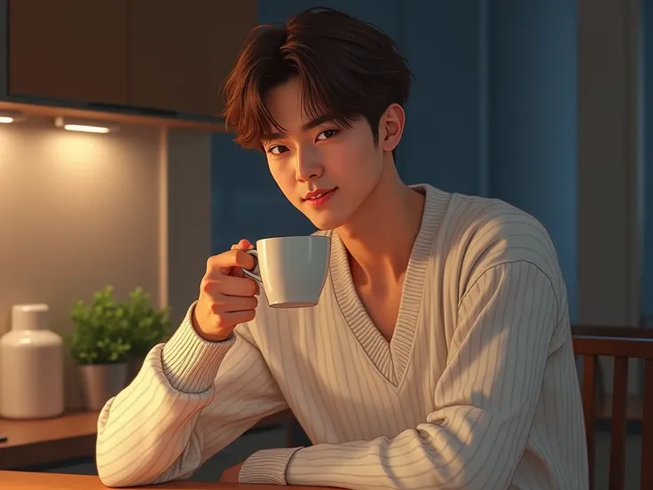 (High-quality), (realistic), (nsfw), (best quality), (sharp focus), (digital art), natural lighting), (manhwa), (manga), (high-resolution), (highly detailed), (hot), (proposional body), (sexy), (charismatic). A man. 27 years old man with white v-neck sweat...