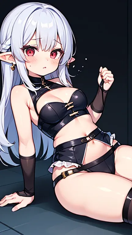  one girl

short height 　  Magician　pharmacist　  Barbell Alchemist　  long hair　  Silver Hair　  red eyes　 confident face　 Elf Ears　 1 gold earring  　 black tights　 short　chest, baby face 　  exposes shoulders 　  big eyed  　  fluffy hair
maids　 tight fit 　  c...