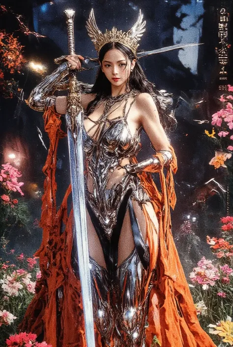 90s American sword and sorcery movie style (Beautiful Jisoo: 1.5), (Wearing a royal crown from a formidable ancient German land: 1.3), (Adorned with shiny metal bat wings on the crown: 1.3). Her face is full of allure, wearing sexy shiny metal skeleton bik...