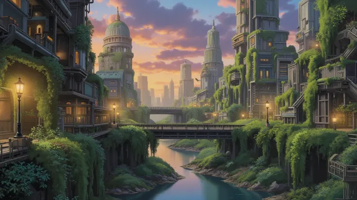   futuristic　Machine City 　moss　ivy　green　Gaslamp 　  Beautiful Sunsets 　 Multiple Waterways 