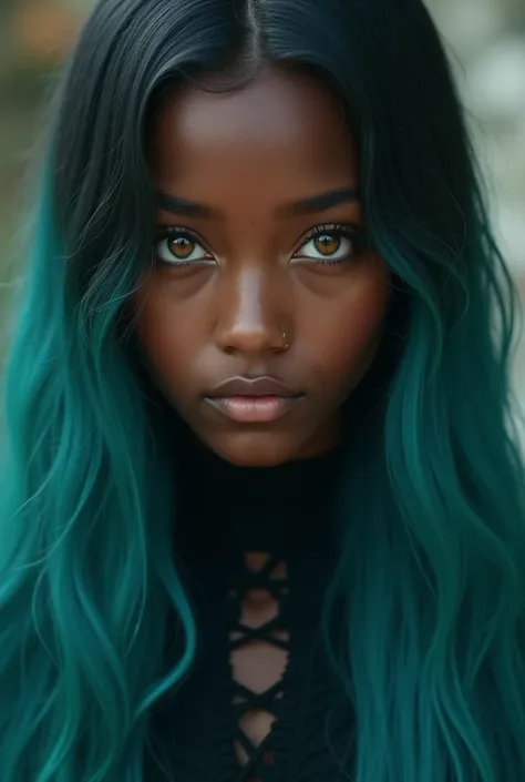 A young dark skinned woman with hazel eyes and long straight turquoise hair