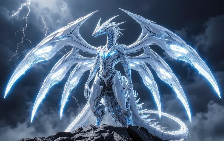 A yugioh colossal and majestic dragon with shimmering,  white scales that reflect light like polished silver. Its piercing blue eyes glow with an intense, otherworldly brilliance, exuding both power and intelligence. The dragon's wings are immense and slee...