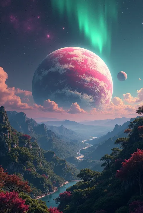 One exoplanet,Stars,pink and green,like earth ,Big