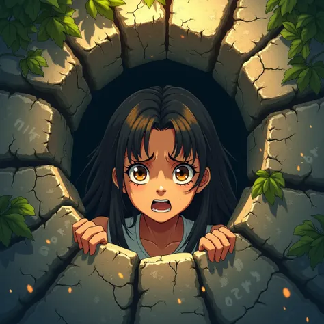 Anime-style illustration of a beautiful tan-skinned girl trapped in a cracked stone wall hole, dramatic lighting. Her long dark hair is disheveled, and her amber eyes show fear and determination. The wall is ancient, covered in vines and moss, with faint g...