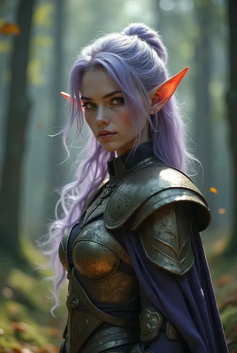 Upper body shot, female, pointy elf ears, white skin, light purple hair, closed mouth, antique bronze armor, combat pose, dynamic pose, complex fantasy character, NSFW, cinematic lighting, fantasy, magic, detailed background, on a wooded battlefield, best ...