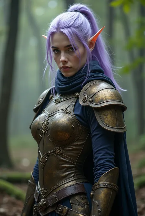 Upper body shot, female, pointy elf ears, white skin, light purple hair, closed mouth, antique bronze armor, combat pose, dynamic pose, complex fantasy character, NSFW, cinematic lighting, fantasy, magic, detailed background, on a wooded battlefield, best ...