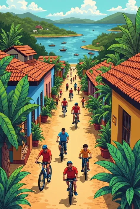 an image, drawing style, for a WhatsApp profile that shows people walking and cycling in the Lagamar region of Itarema - Ceará 