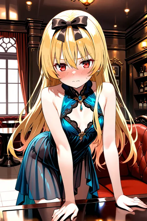 NSFW,masterpiece, top quality, high resolution, very detailed,Yue\(arifureta: from common to world's strongest\), red eyes、 blonde、 long hair、 hair bow、evening dress,Chest cut-in, see-through dress , luxury mansion,bar,Sofa, coffee table,Alcohol,Embarrasse...