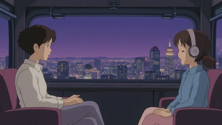   top grade、masterpiece、  realistic、80s animation、 wide-angle shooting 、Vision、  lo-fi art style  、 Adult woman looking beside 、 Beautiful cityscape on a purple night  、  Girl sitting with headphones 、  She's closing her eyes 